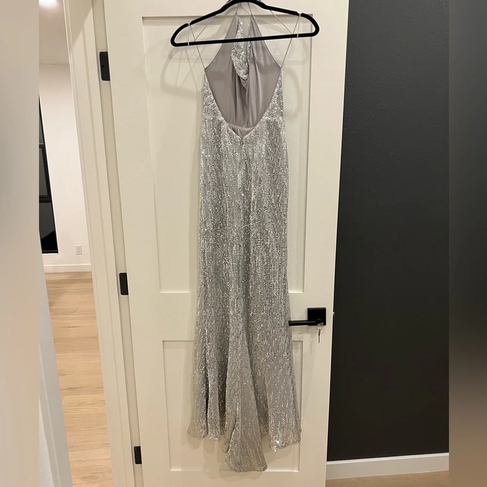 Abyss by Abby - Silver Sequin Open Back Slit Dress size XS - Picture 2 of 5